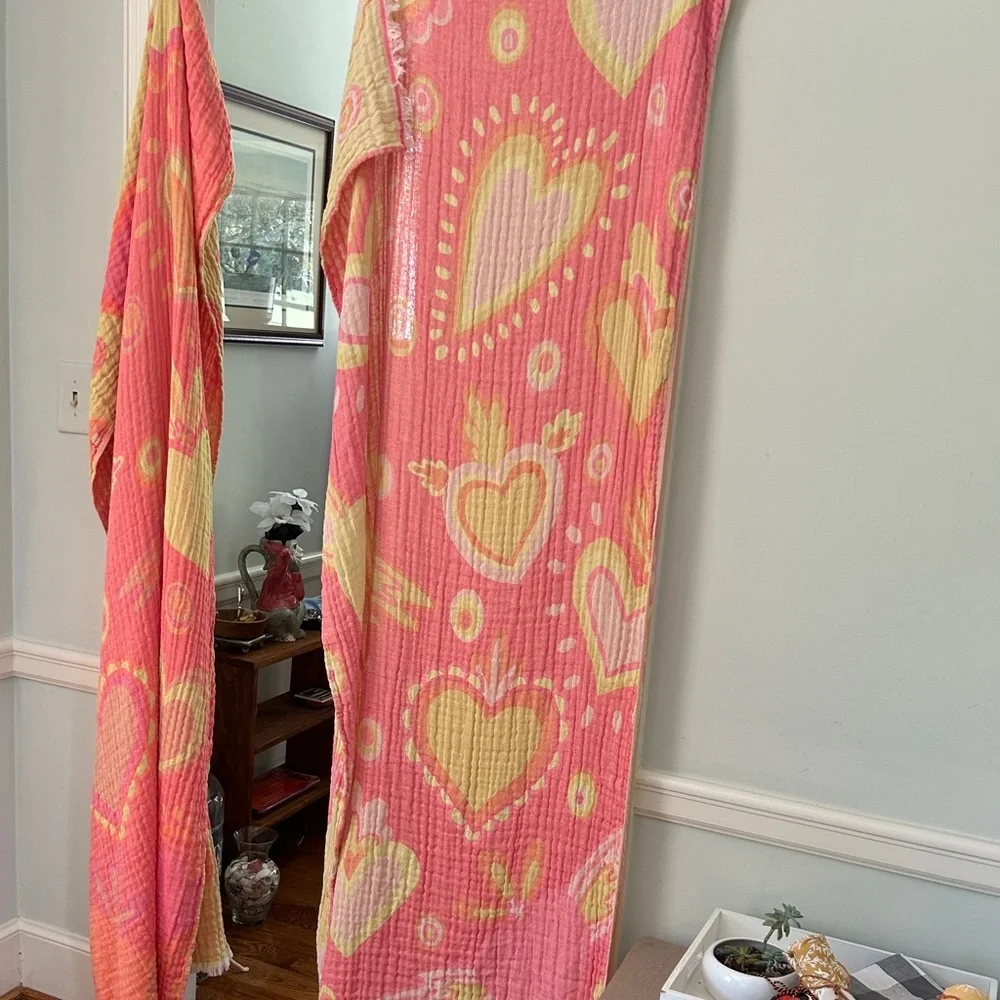 Pink and Yellow Heart Patterned Curtain Set of 2 Organic Cotton Loom Weave NEW